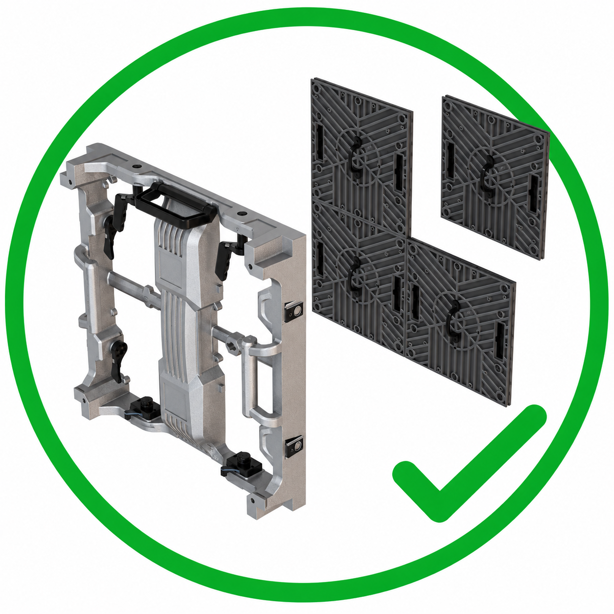 Front-access cabinet with green check symbol