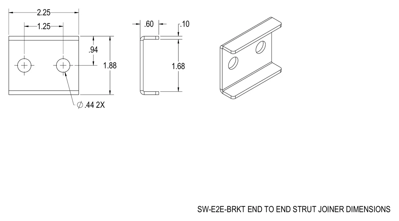 Dimensional drawing for the StrutWall end-to-end joiner bracket