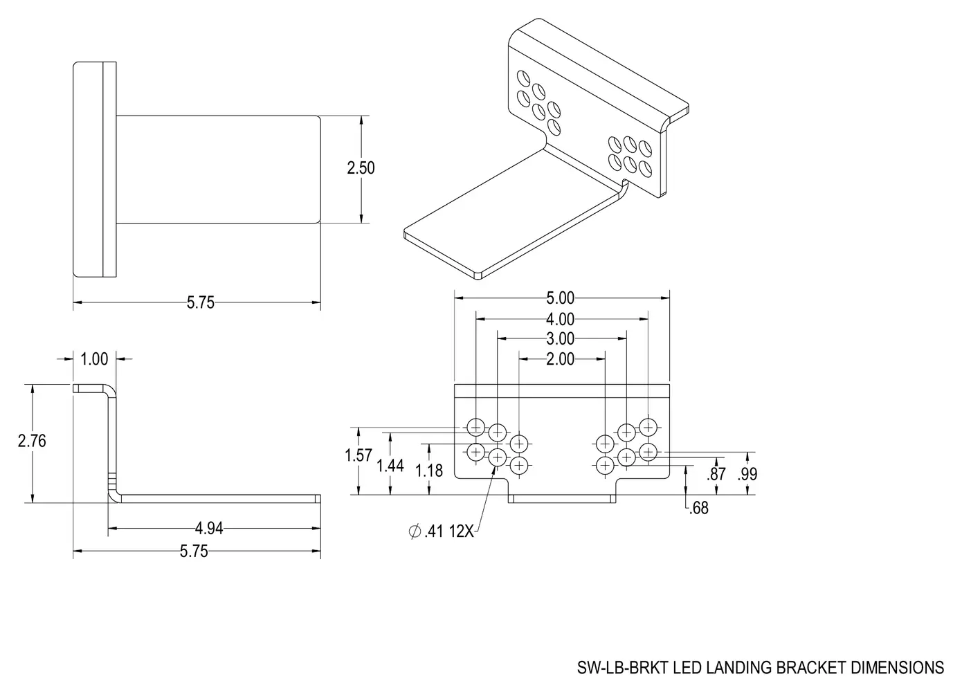 Dimensional drawing for the StrutWall landing bracket